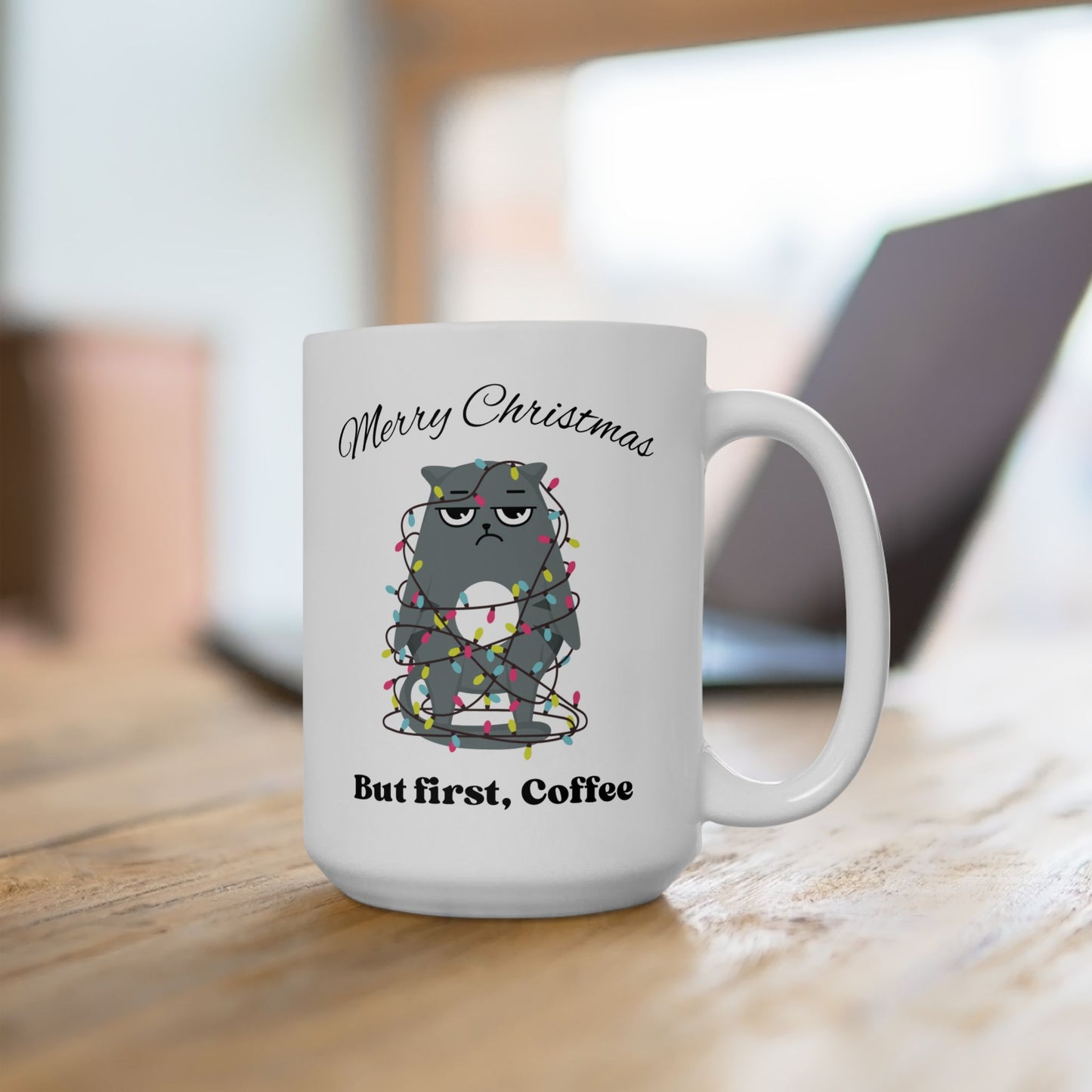Merry Christmas, But First Coffee Mug with Cat, Holiday Mug, Christmas Coffee Cup, Festive Coffee Cup, Christmas Cat Coffee Cup