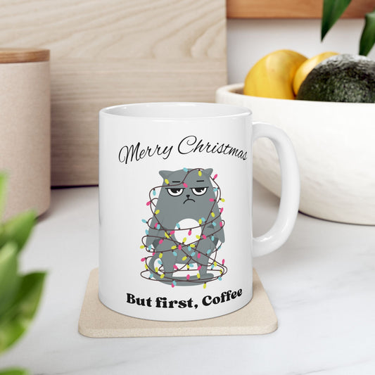 Merry Christmas, But First Coffee Mug with Cat, Holiday Mug, Christmas Coffee Cup, Festive Coffee Cup, Christmas Cat Coffee Cup